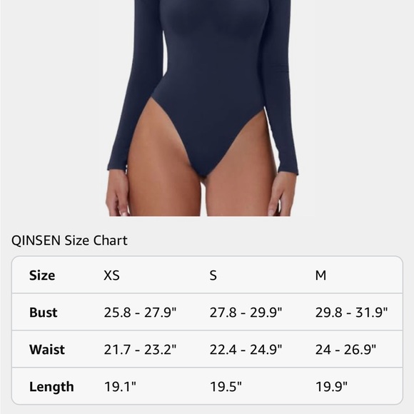 Qinsen Square Neck Thong Long Sleeve Bodysuit Navy Blue Women’s Size Medium - Picture 5 of 14